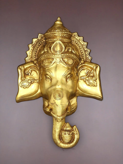 41" Lord Ganesha Face Mask | Wood Framed Brass Sculpture | Wall Hanging
