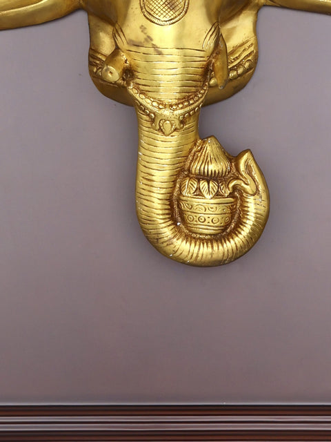 41" Lord Ganesha Face Mask | Wood Framed Brass Sculpture | Wall Hanging