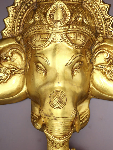 41" Lord Ganesha Face Mask | Wood Framed Brass Sculpture | Wall Hanging