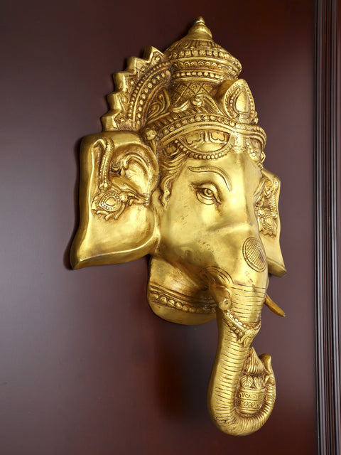 41" Lord Ganesha Face Mask | Wood Framed Brass Sculpture | Wall Hanging
