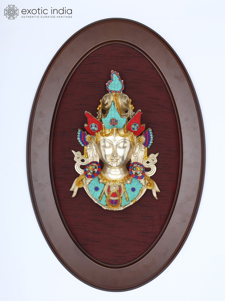 31" Goddess Tara Brass Mask Wall Hanging with Wood Frame and Inlay