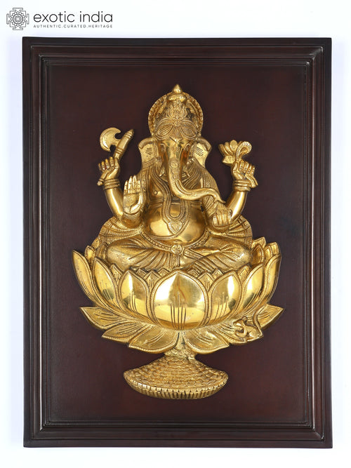24" Blessing Lord Ganesha on Lotus Brass Wall Hanging Sculpture