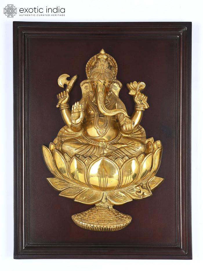 24" Blessing Lord Ganesha on Lotus Brass Wall Hanging Sculpture