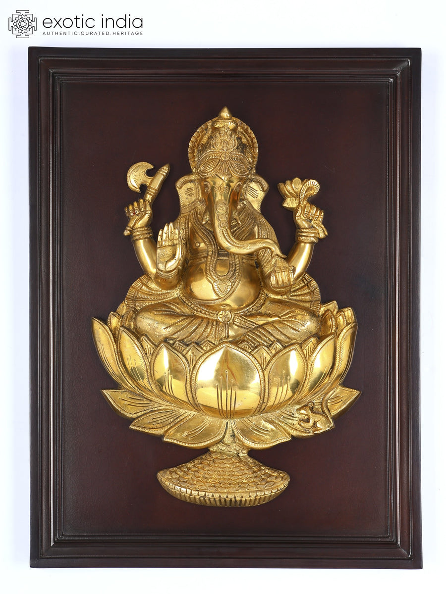 24" Blessing Lord Ganesha on Lotus Brass Wall Hanging Sculpture