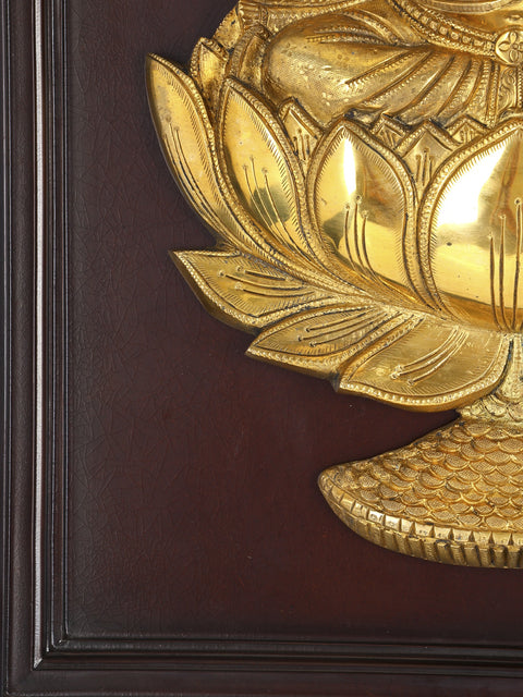24" Blessing Lord Ganesha on Lotus | Wood Framed Brass Sculpture | Wall Hanging