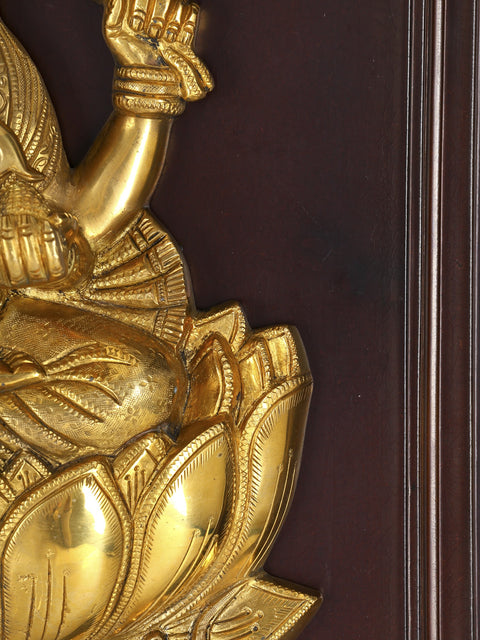 24" Blessing Lord Ganesha on Lotus | Wood Framed Brass Sculpture | Wall Hanging