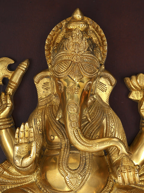 24" Blessing Lord Ganesha on Lotus | Wood Framed Brass Sculpture | Wall Hanging