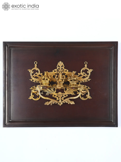 24" Lakshmi Ganesha Saraswati Brass Wall Hanging with Wood Frame