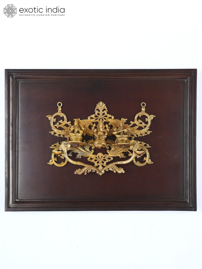 24" Lakshmi Ganesha Saraswati Brass Wall Hanging with Wood Frame