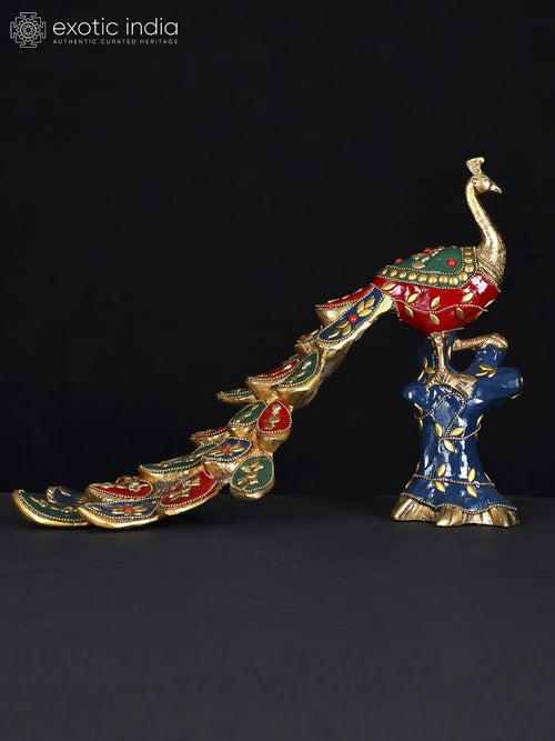11" Brass Peacock Statue with Inlay Work for Home Decor