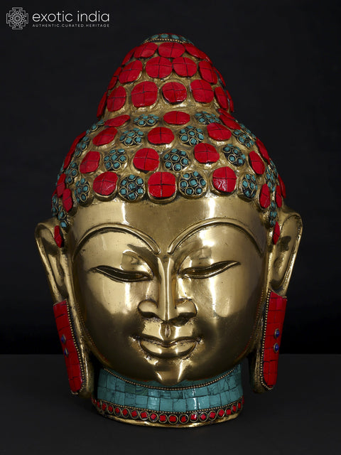 11" Lord Buddha Head | Brass Statue with Inlay Work