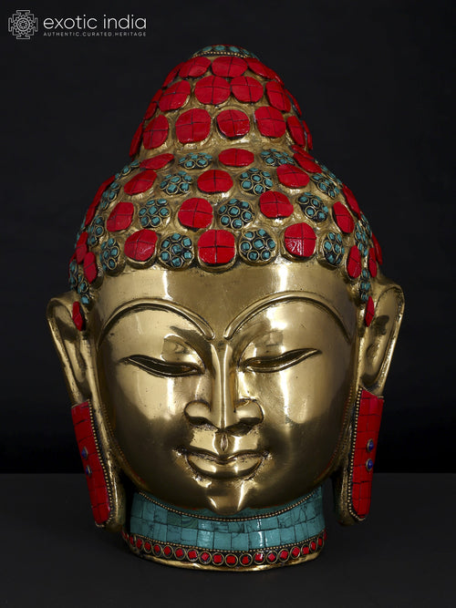11" Lord Buddha Head Brass Statue with Handcrafted Inlay Work