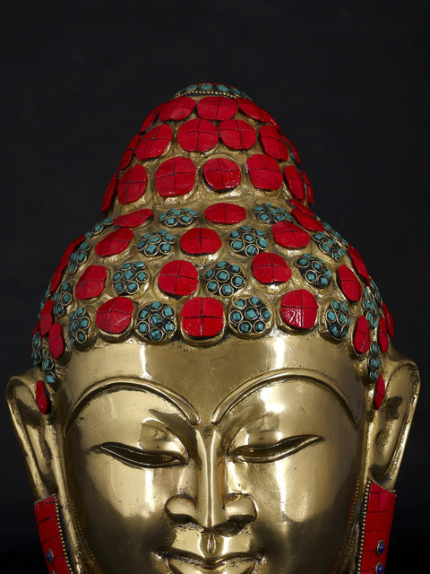 11" Lord Buddha Head | Brass Statue with Inlay Work