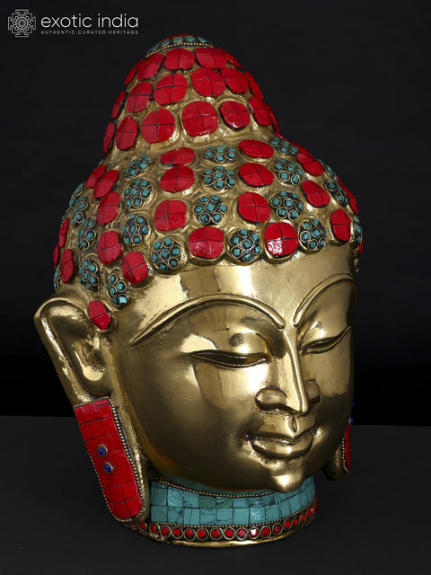 11" Lord Buddha Head | Brass Statue with Inlay Work