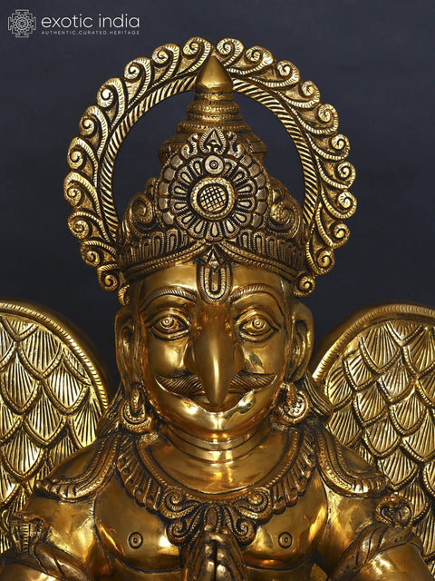 28" Sitting Garuda in Namaskar Mudra (Vahana of Lord Vishnu) | Brass Statue