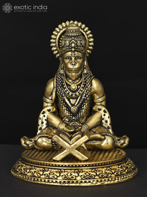 3" Handmade Brass Lord Hanuman Meditating Statue with Ram Naam Book