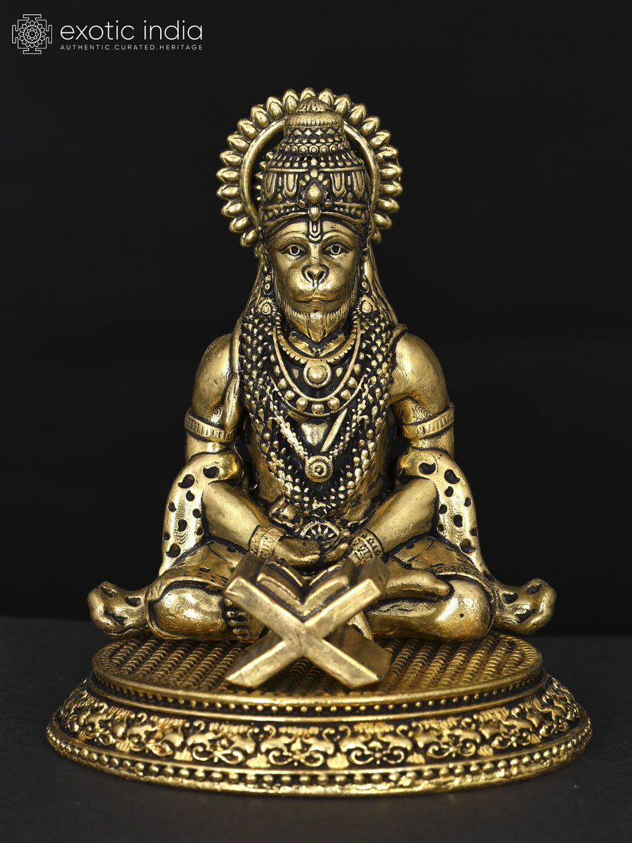 3" Handmade Brass Lord Hanuman Meditating Statue with Ram Naam Book