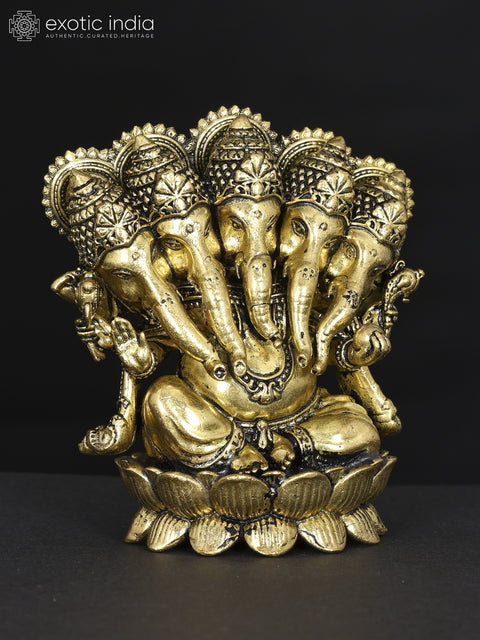 3" Small Panchamukhi Lord Ganesha Seated on Lotus | Brass Statue