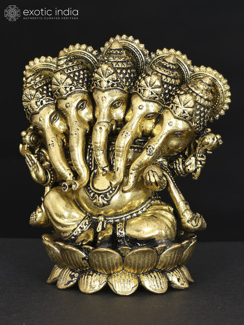 3" Small Panchamukhi Lord Ganesha Seated on Lotus | Brass Statue
