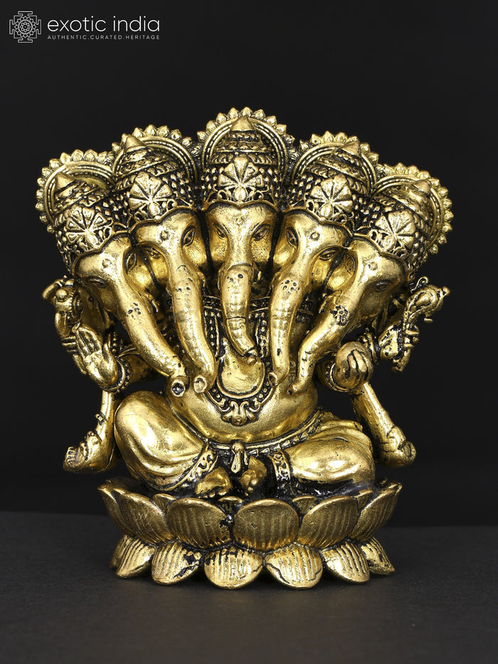 3" Small Panchamukhi Ganesha Seated on Lotus Brass Statue