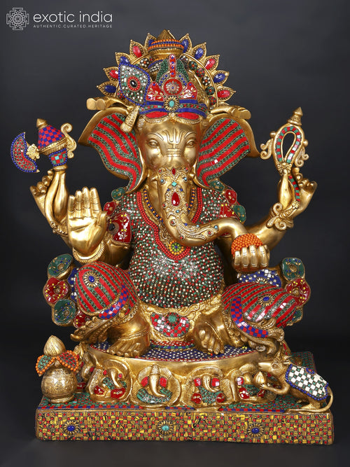 31" Large Chaturbhuja Ganesha Brass Statue with Inlay Work