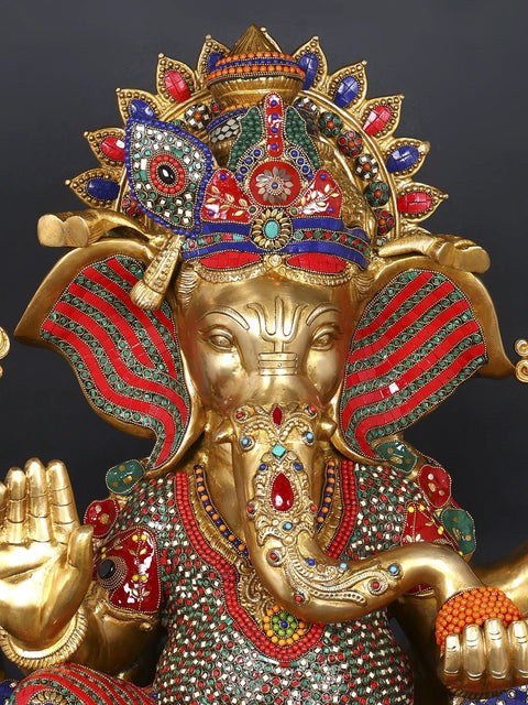 31" Large Chaturbhuja Lord Ganesha Seated in Blessing Gesture | Brass Statue with Inlay Work