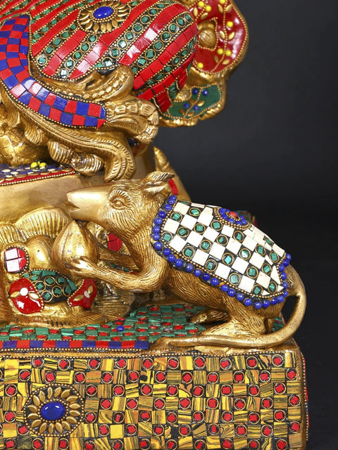 31" Large Chaturbhuja Lord Ganesha Seated in Blessing Gesture | Brass Statue with Inlay Work