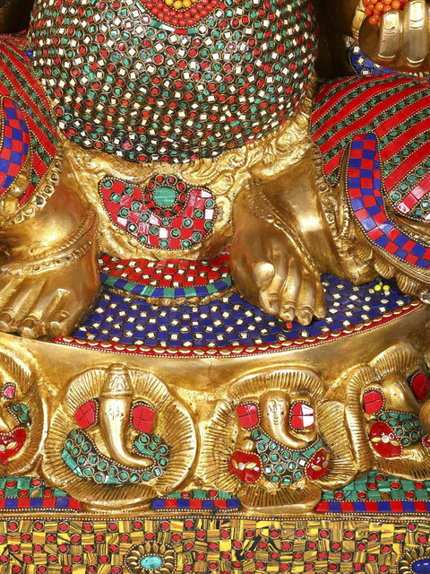 31" Large Chaturbhuja Lord Ganesha Seated in Blessing Gesture | Brass Statue with Inlay Work