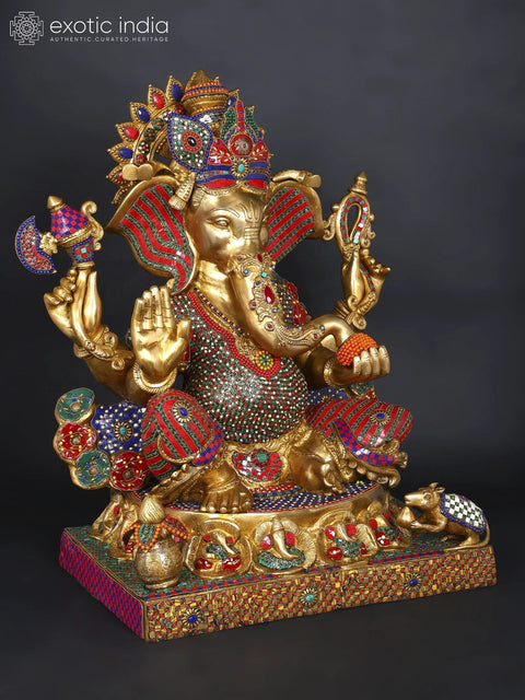 31" Large Chaturbhuja Lord Ganesha Seated in Blessing Gesture | Brass Statue with Inlay Work