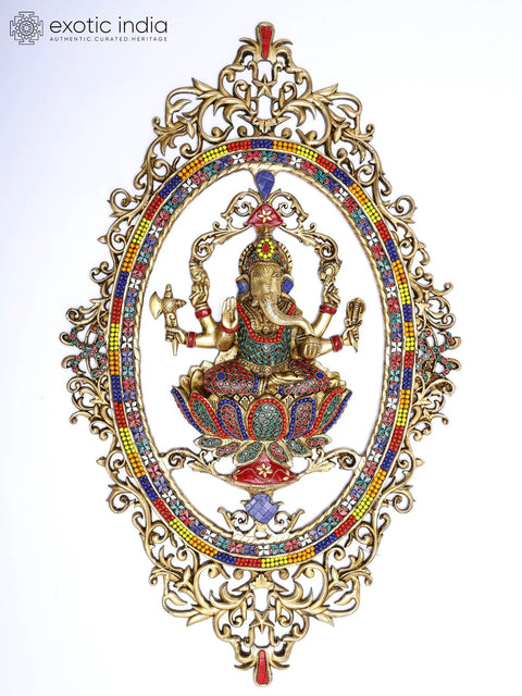 30" Large Six Armed Lord Ganesha Seated on Lotus | Wall Hanging Brass Statue with Inlay Work