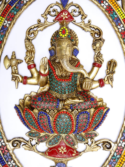 30" Large Six Armed Lord Ganesha Seated on Lotus | Wall Hanging Brass Statue with Inlay Work