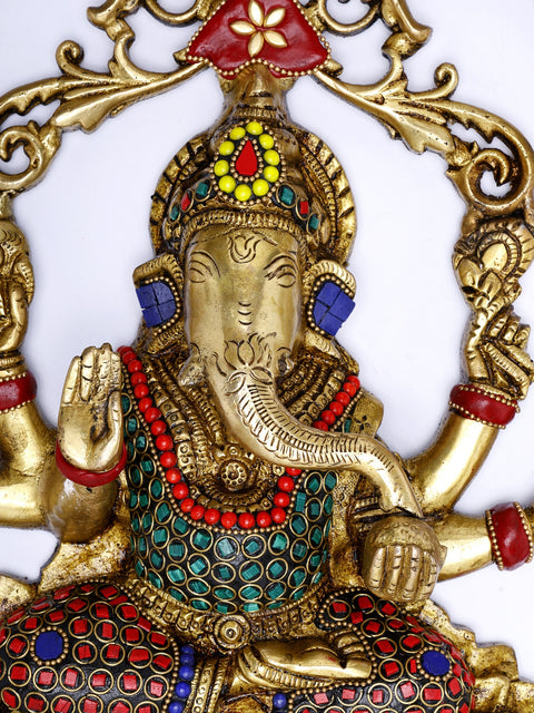 30" Large Six Armed Lord Ganesha Seated on Lotus | Wall Hanging Brass Statue with Inlay Work