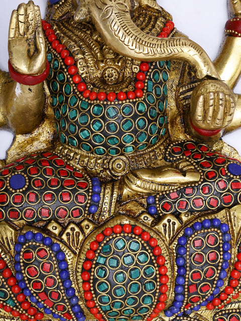 30" Large Six Armed Lord Ganesha Seated on Lotus | Wall Hanging Brass Statue with Inlay Work