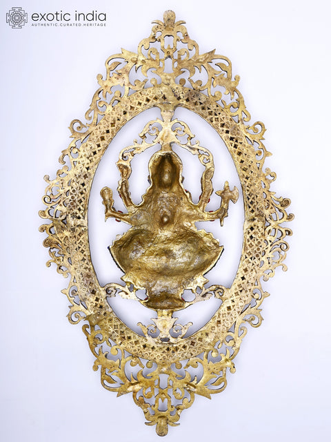30" Large Six Armed Lord Ganesha Seated on Lotus | Wall Hanging Brass Statue with Inlay Work