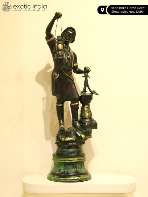 27" Brass Pirate Warrior Decor Showpiece With Lantern | Brass Statue
