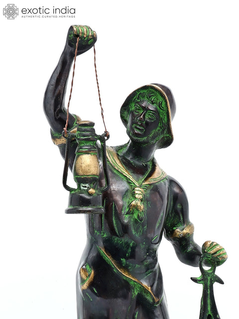 27" Brass Pirate Warrior Decor Showpiece With Lantern | Brass Statue