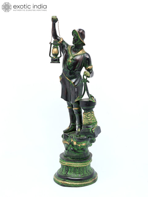 27" Brass Pirate Warrior Decor Showpiece With Lantern | Brass Statue