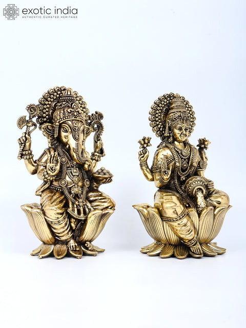 7" Superfine Blessing Ganesha - Lakshmi Pair | Brass Statues