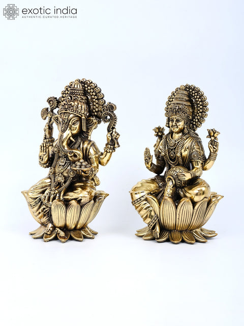 7" Superfine Blessing Ganesha - Lakshmi Pair | Brass Statues