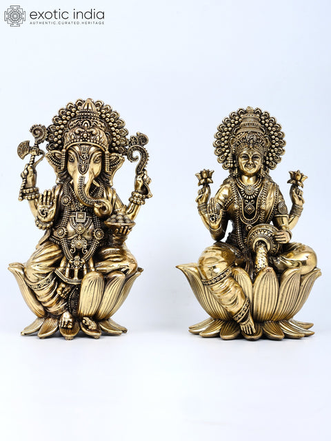 7" Superfine Blessing Ganesha - Lakshmi Pair | Brass Statues