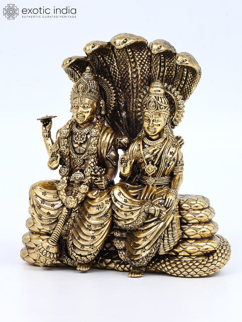 5" Small Superfine Blessing Lakshmi - Narayana Seated on Sheshnag | Brass Statue
