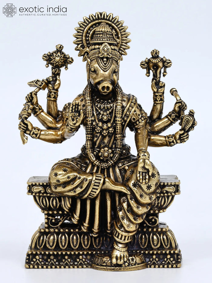 4" Superfine Eight Armed Sitting Goddess Varahi Brass Statue