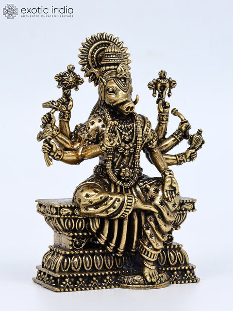 4" Small Superfine Eight Armed Sitting Goddess Varahi | Brass Statue