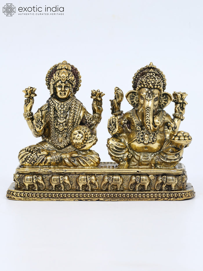 4" Handmade Lakshmi Ganesha Brass Statue Pair