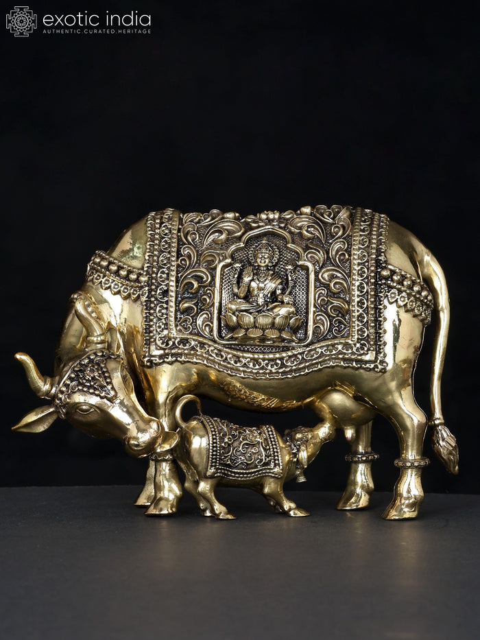 7" Brass Cow and Calf with Lakshmi Ganesha Engraving Statue