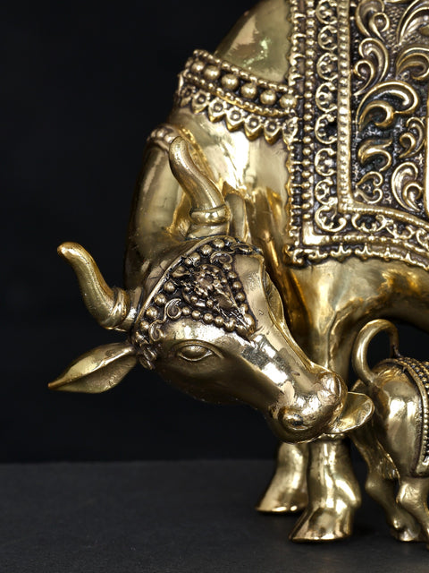 7" Superfine Divine Cow and Calf with Lakshmi Ganesha Engraving | Brass Statue