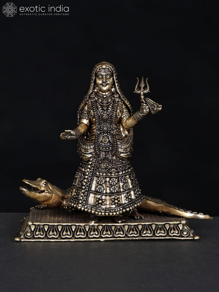 5" Superfine Goddess Ganga with Makar Vahana Brass Statue