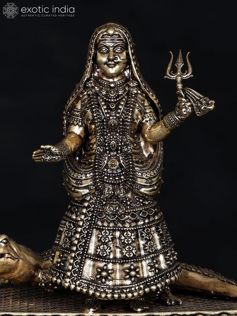 5" Small Superfine Goddess Ganga with Her Vahana Makar | Brass Statue