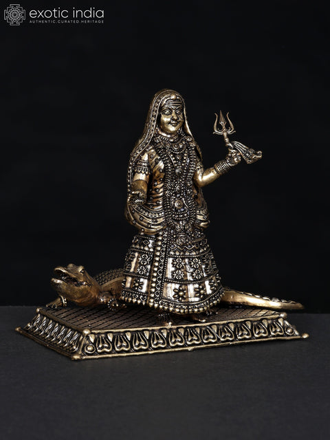 5" Small Superfine Goddess Ganga with Her Vahana Makar | Brass Statue