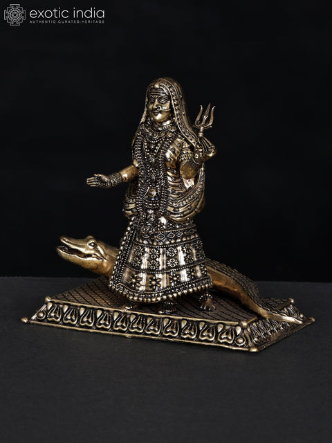 5" Small Superfine Goddess Ganga with Her Vahana Makar | Brass Statue